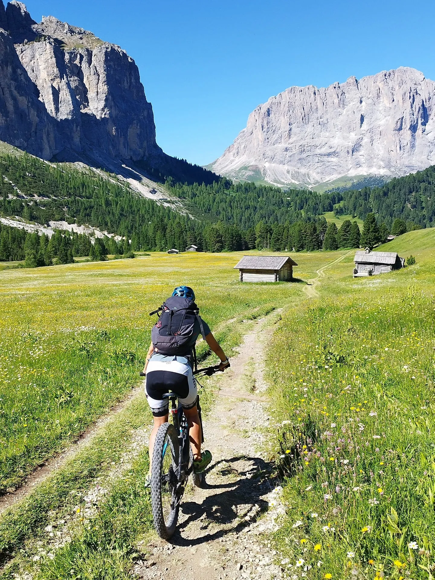 Edith mit dem E-MTB auf einem Wiesentrail vor den Dolomiten