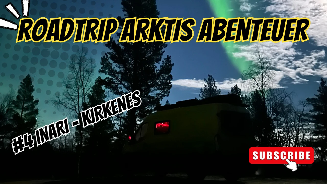 Grünes Polarlicht über dem Van zwischen Kiefern bei Inari