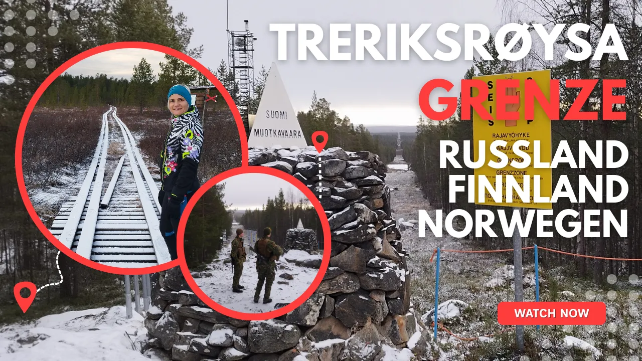 Edith auf dem Holzsteg und der Grenzstein Treriksrøysa im Schnee